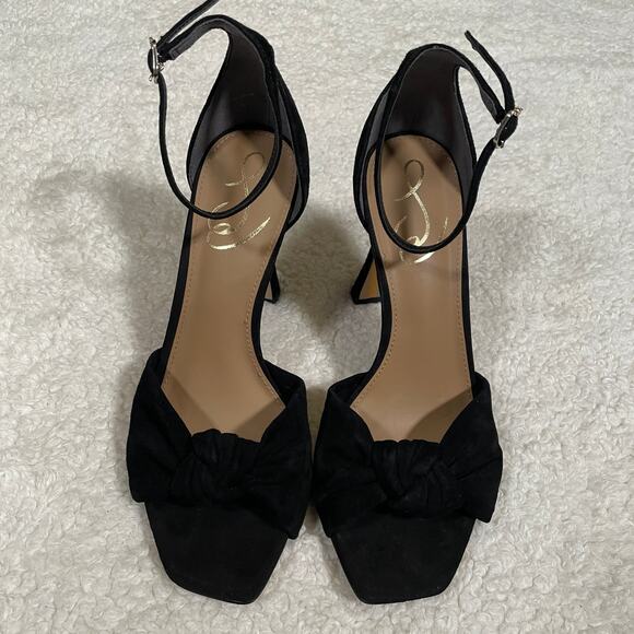 Sam Edelman Lucia Sandals Spool Heels Ankle Strap Suede Open Toe Knot Black 7 - Picture 3 of 7
